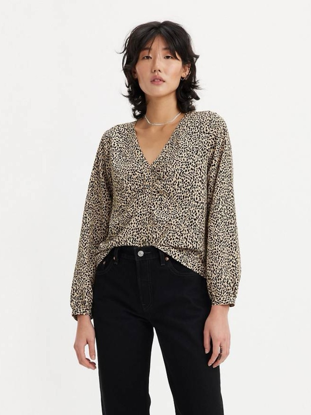 Levi's Black on Cream Leopard-Tie Front Blouse